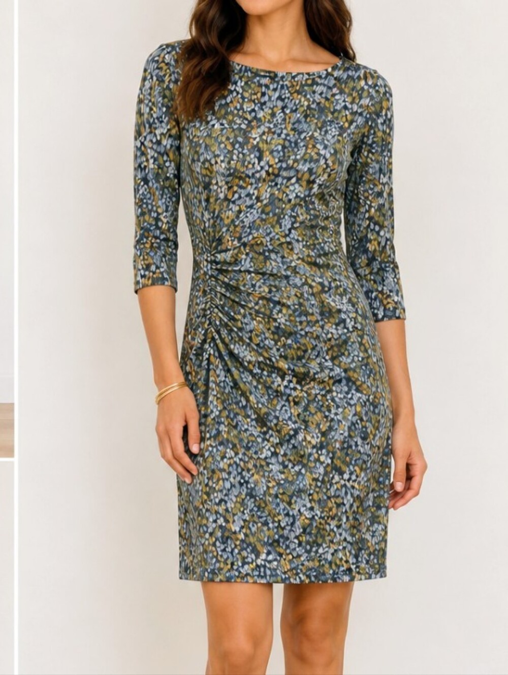 NWOT J. McLaughlin Hip Mid Century Modern Print Dress Ruched Side 3/4 Sleeve XS